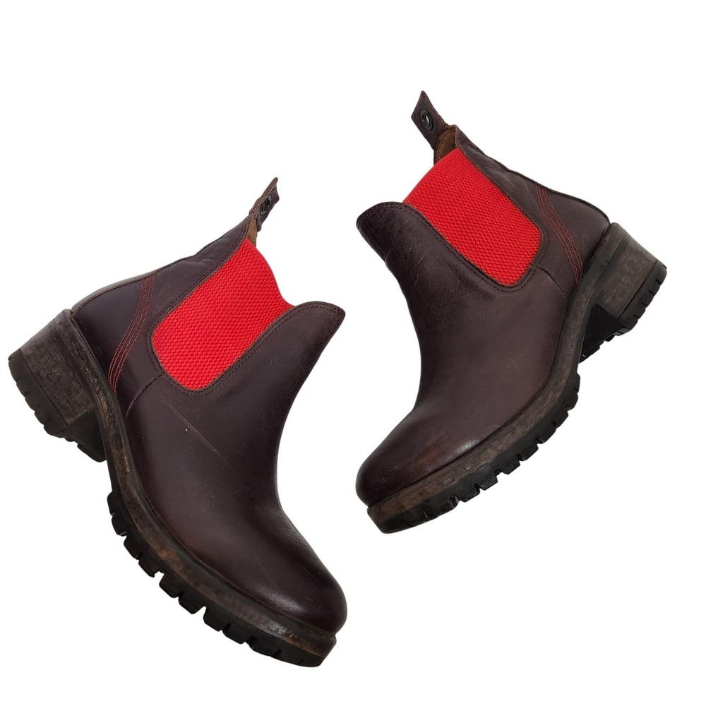 BUENO Chelsea Boots Womens‎ 6.5 37 Brown Red Leather Ankle Lug Sole Pull On